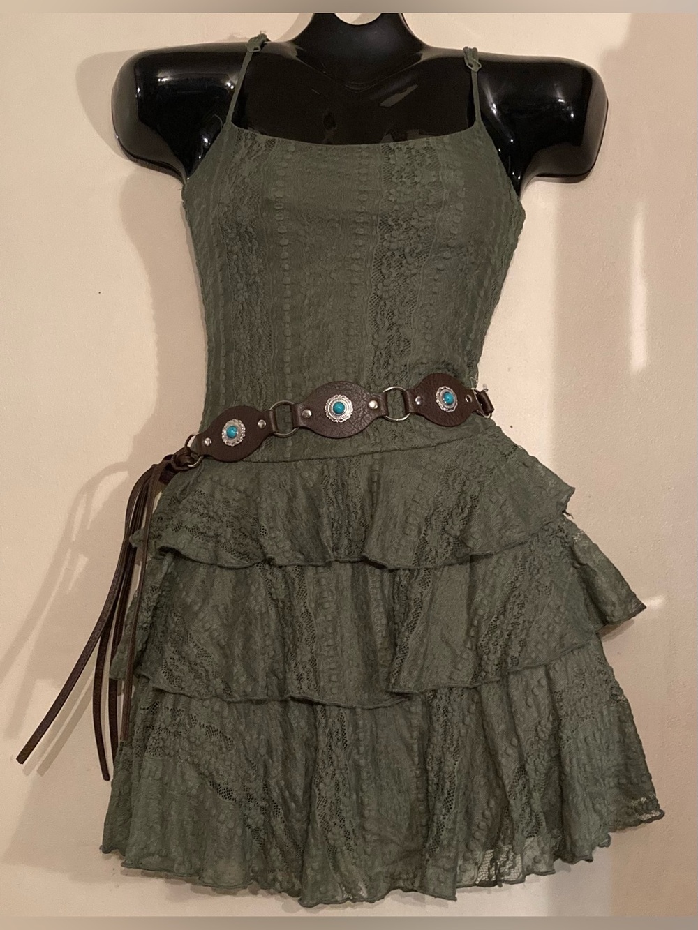 Sage Green Tiered Lace Dress w/ Removable Faux Leather Belt